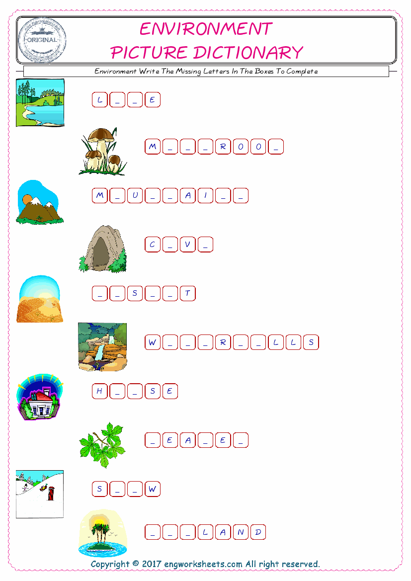  Type in the blank and learn the missing letters in the Environment words given for kids English worksheet. 